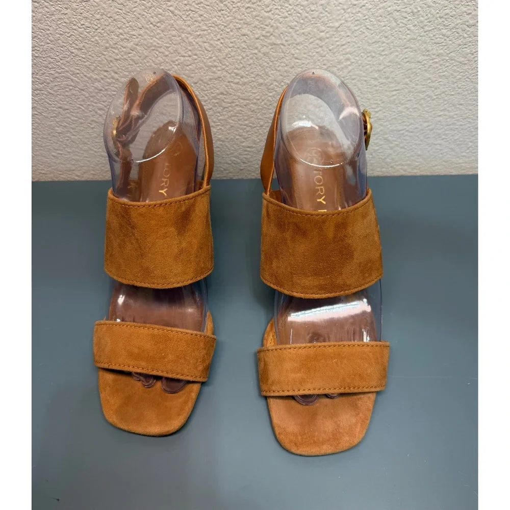 Tory Burch Tan Suede‎ Block Heel Slingback Sandals Gold Logo Buckle Womens 8M